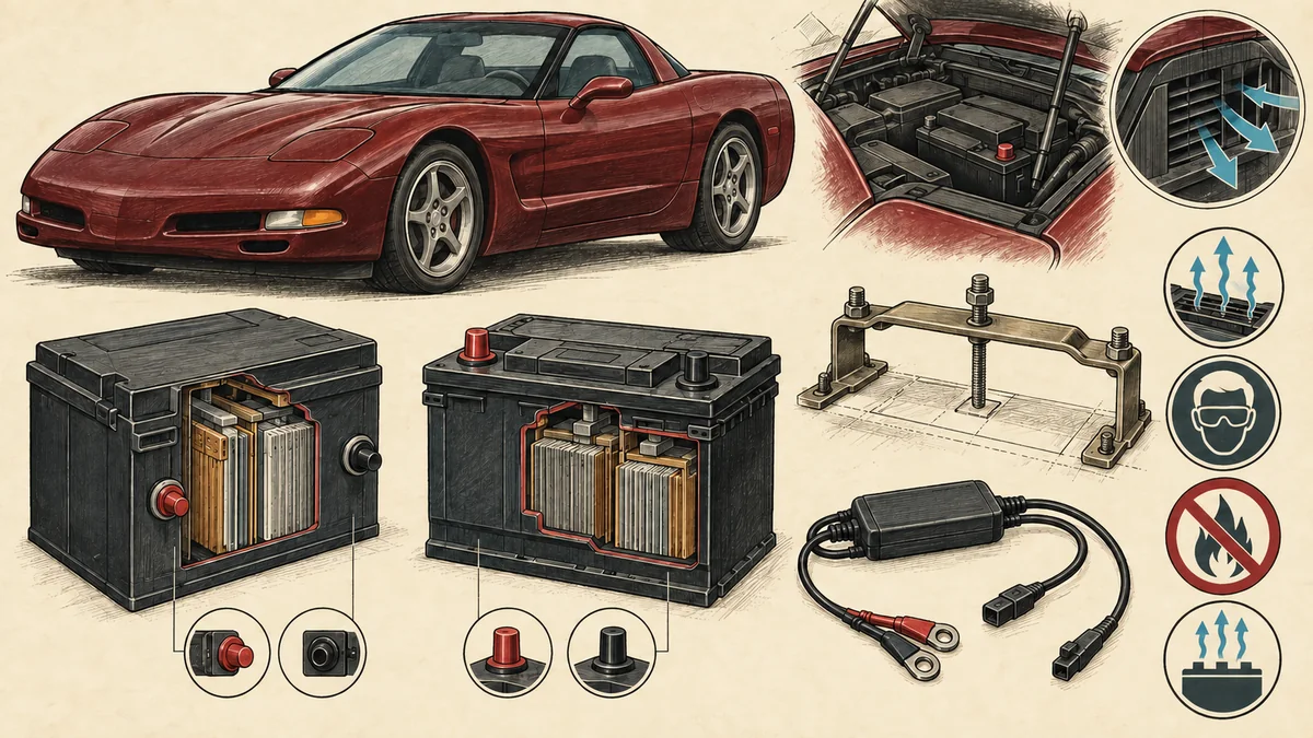 Original technical sketch of a generic C5-era sports coupe with side-terminal and top-terminal batteries, hold-down, ventilation, and maintainer details