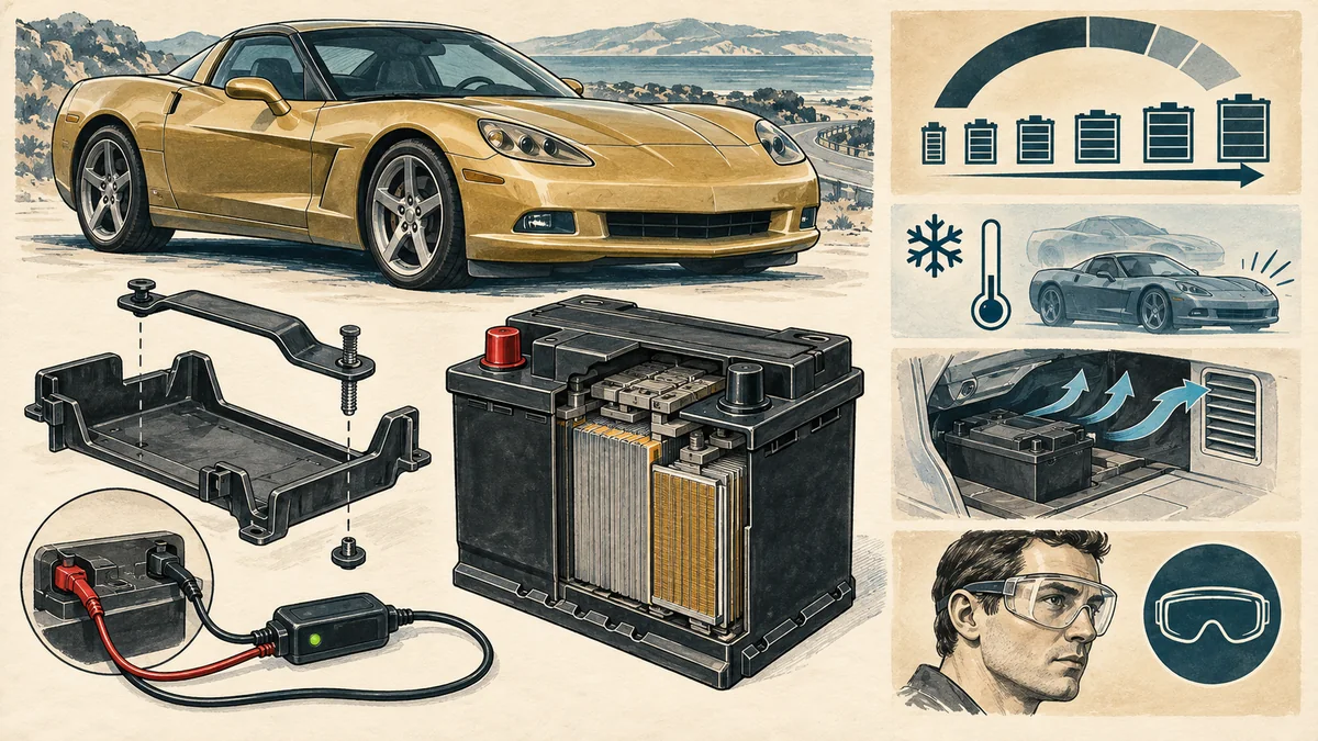 Original technical illustration of a generic C6-era sports coupe, compact battery, mounting tray, terminals, cold-weather starting, and ventilation