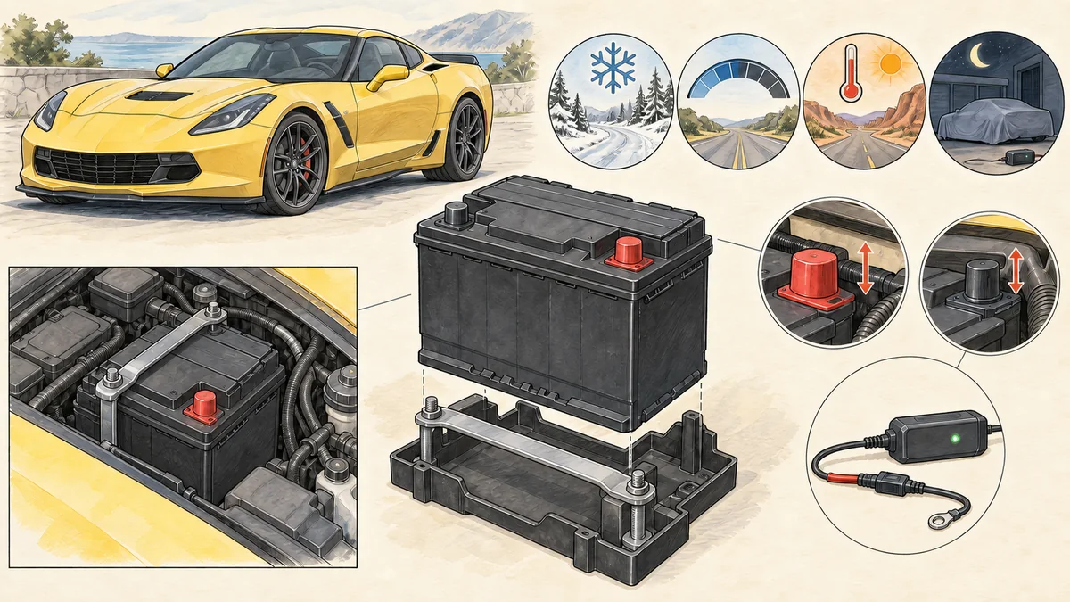 Original technical illustration of a generic C7-era sports coupe with Group H6 battery, tray, terminals, climate, and storage-maintainer details