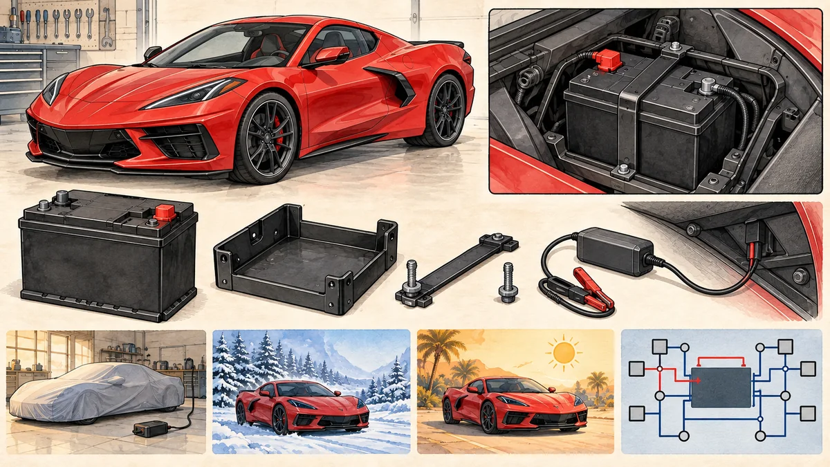 Original technical illustration of a generic mid-engine sports coupe with Group H6 battery, front-compartment mounting, maintainer lead, and storage conditions