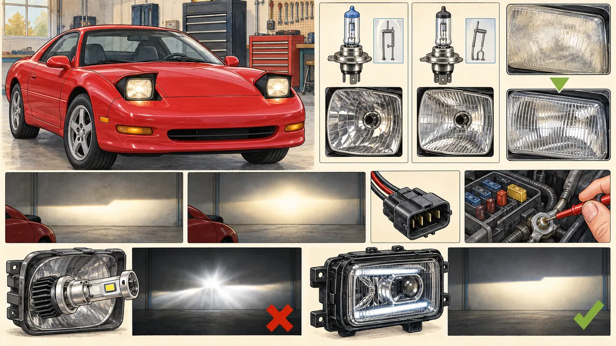Original technical illustration of a generic C5-era pop-up headlamp sports coupe with bulb, reflector, lens restoration, beam aim, wiring, and complete LED assembly comparisons