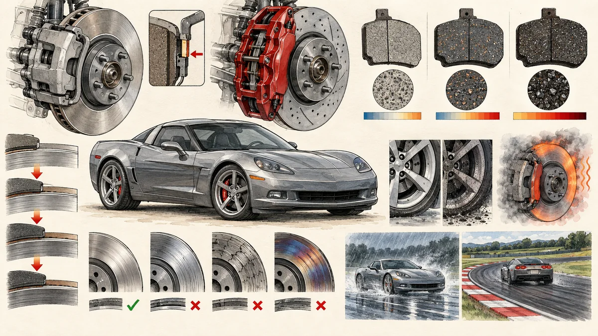 Original technical illustration of a generic C6-era sports coupe with brake calipers, pad compounds, wear indicator, rotor inspection, bedding, dust, heat, wet-road, and track contexts