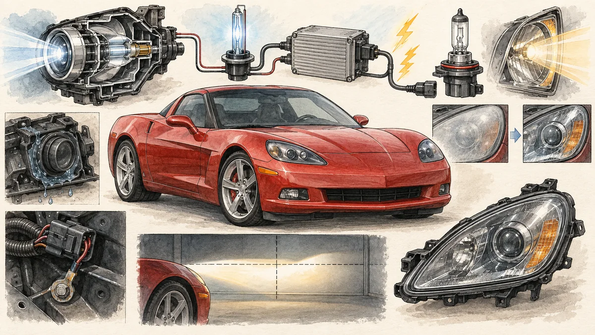 Original technical illustration of a generic C6-era sports coupe with HID projector, D1S capsule, ballast, halogen high beam, lens restoration, moisture inspection, wiring ground, and headlamp aim