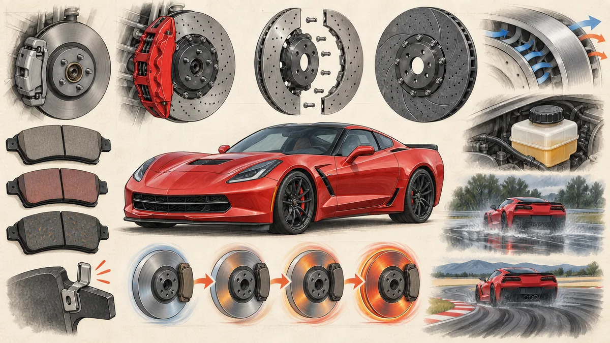 Original technical illustration of a generic C7-era sports coupe with street and performance brakes, pad compounds, iron and carbon-ceramic rotors, cooling, fluid, wear indicator, rain, and track use