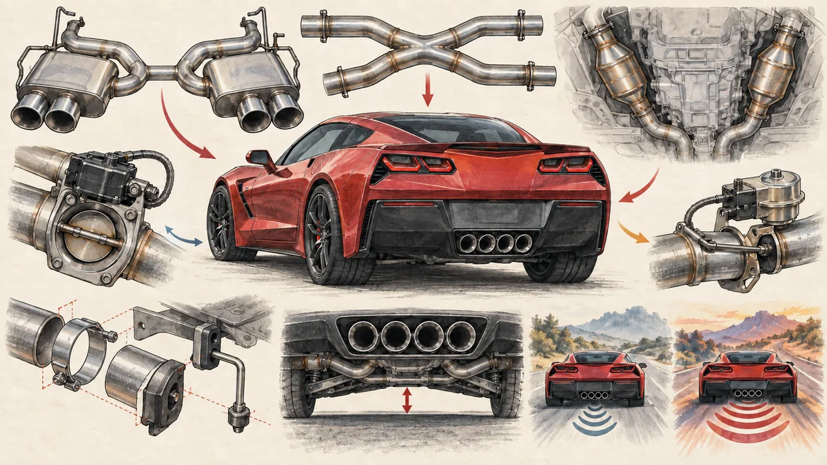 Original technical illustration of a generic C7-era sports coupe with axle-back mufflers, X-pipe, catalytic converters, exhaust valves, clamps, hangers, clearance, and sound comparison