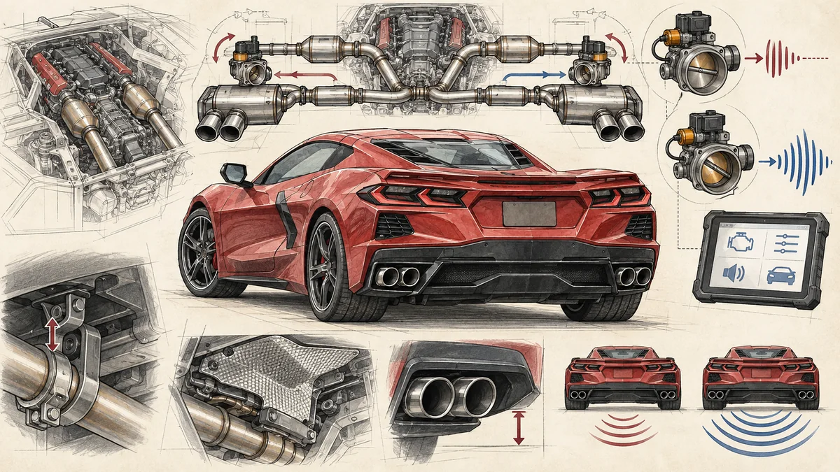 Original technical illustration of a generic C8-era mid-engine sports coupe with cat-back exhaust, retained catalysts, active valves, diagnostic calibration, heat shields, hangers, and tip clearance