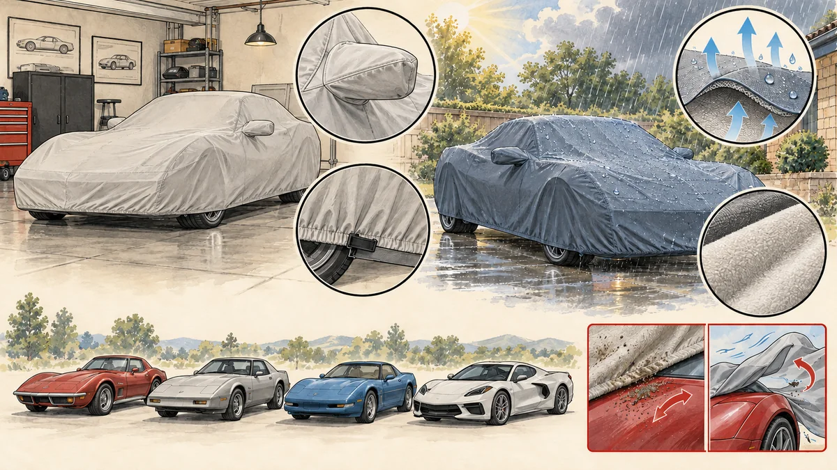 Original technical illustration comparing indoor and outdoor fitted sports-car covers, mirror pocket, secure hem, breathable layers, soft lining, dirt, and wind movement
