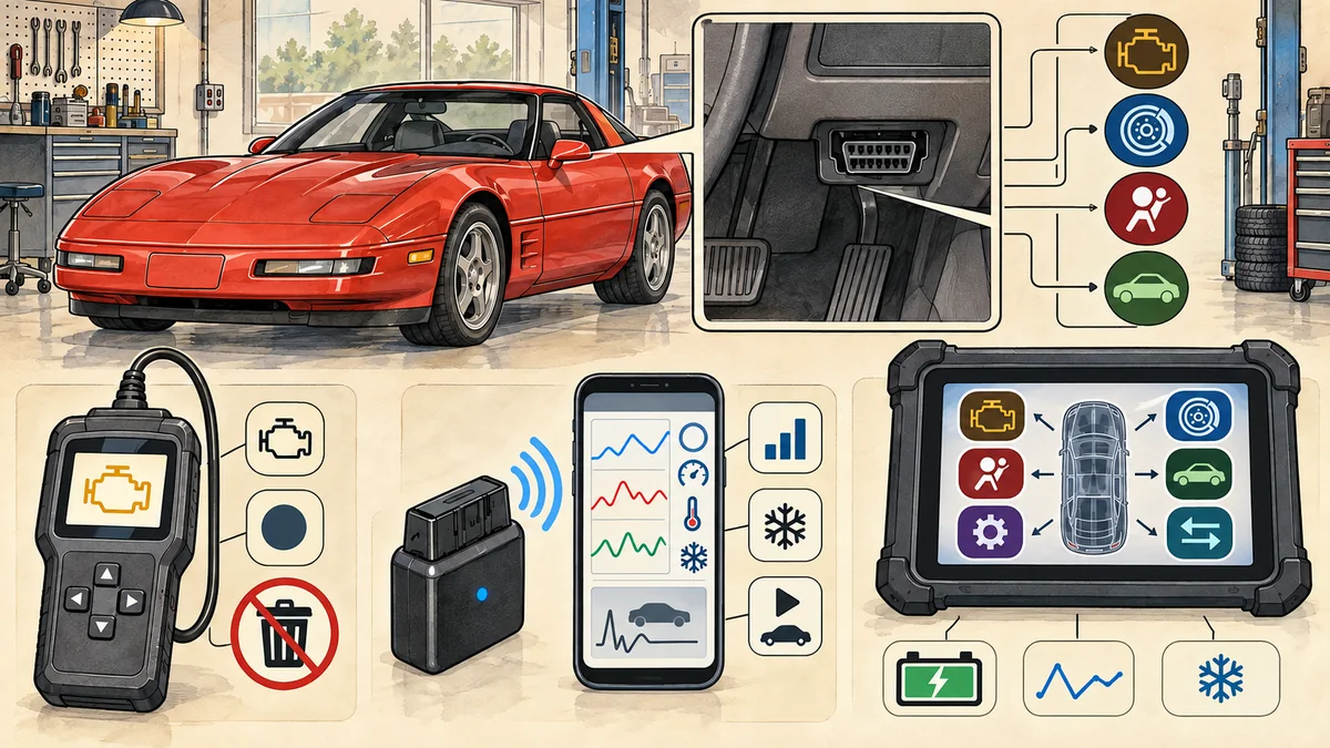 Original technical illustration comparing a basic handheld code reader, Bluetooth OBD2 adapter, and professional diagnostic tablet with a generic sports car and 16-pin connector