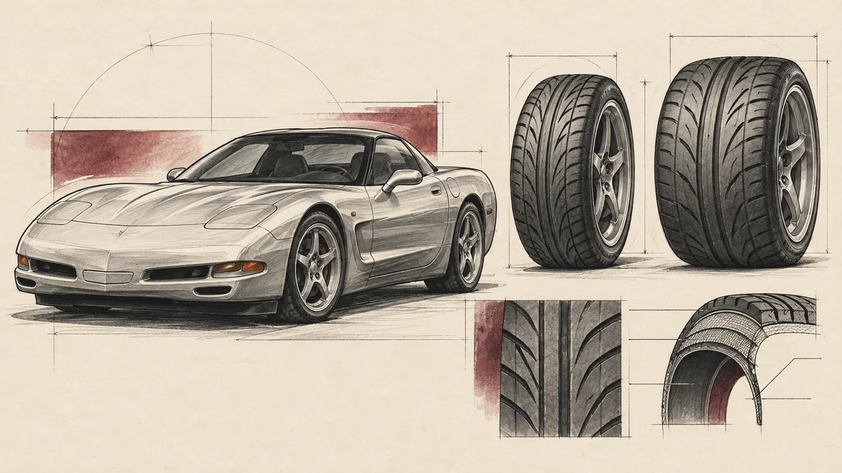 Original technical sketch showing a C5-era Corvette beside tire and tread details