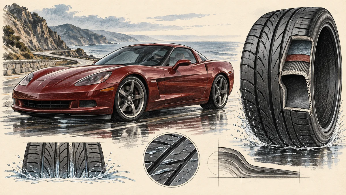 Original technical sketch of a C6-era sports coupe with wet-road tire and tread details