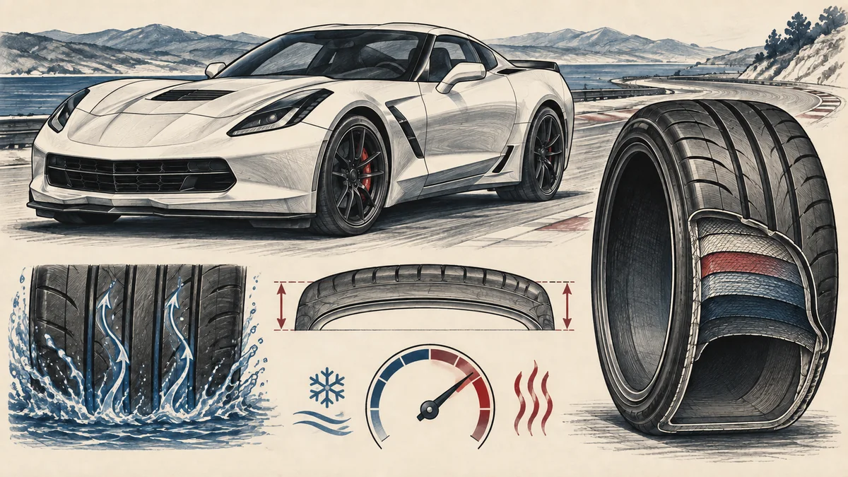 Original technical sketch of an unbranded C7-era sports coupe with tire construction, water channels, and temperature details