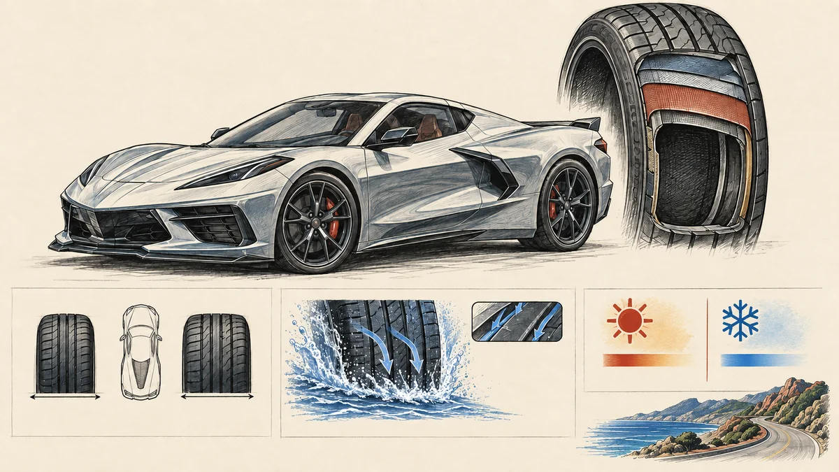 Original technical sketch of a generic mid-engine sports coupe with staggered tires, wet-road channels, and temperature symbols