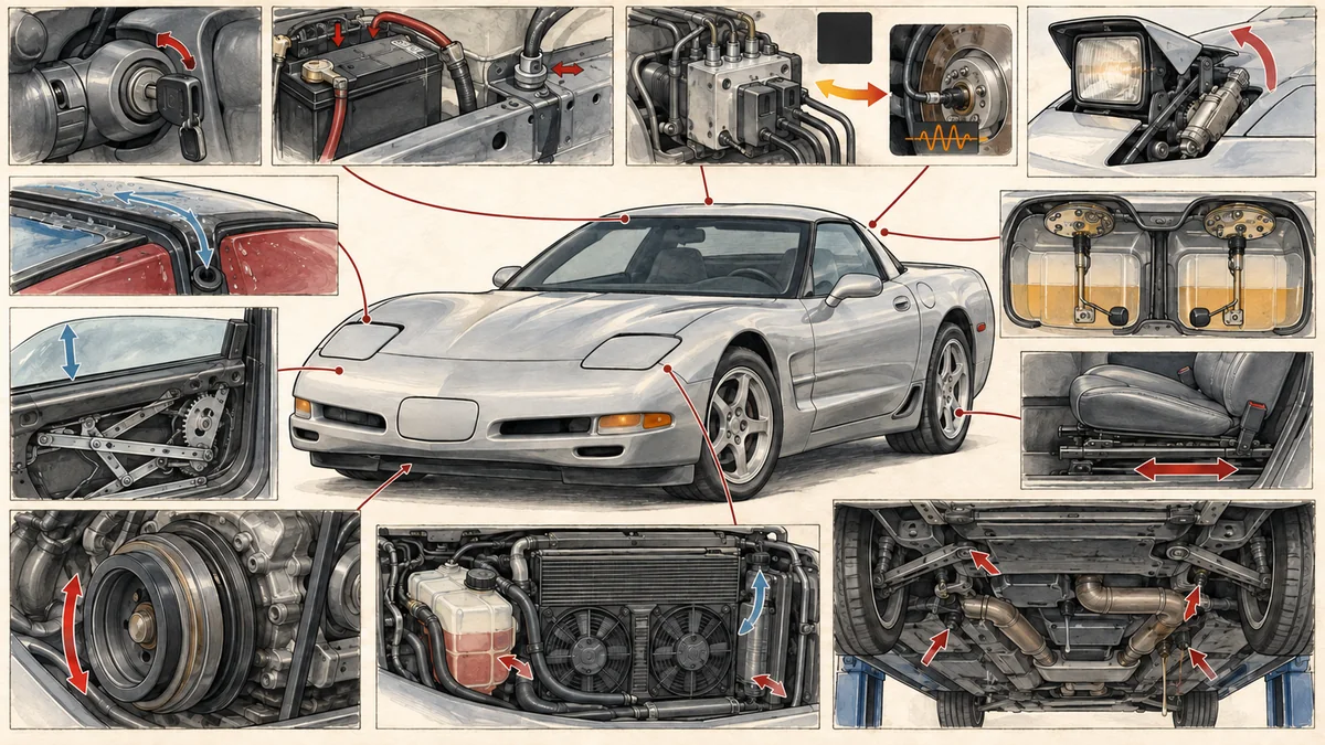 Original C5-era technical illustration showing steering column lock, battery grounds, ABS module, pop-up headlamp, fuel senders, weather seals, window regulator, seat track, pulley, cooling, and underbody inspection