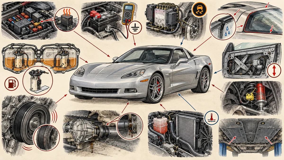 Original C6-era technical illustration showing underhood electrical center, battery testing, handling electronics, roof seals, fuel tanks, window regulator, damper connector, harmonic balancer, drivetrain, cooling, and underbody checks
